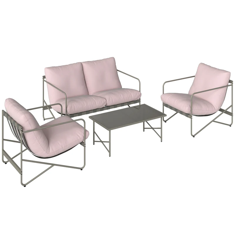 Outsunny Conjunto De Jardín Exterior De 4 Piezas Con Cojines Gruesos Rosa