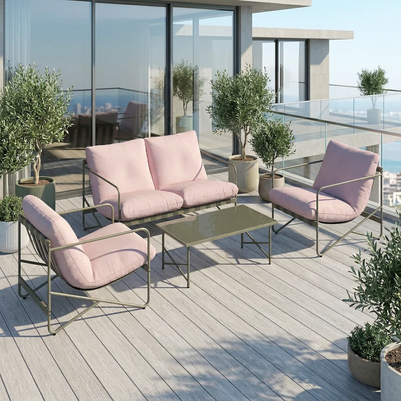Outsunny Conjunto De Jardín Exterior De 4 Piezas Con Cojines Gruesos Rosa
