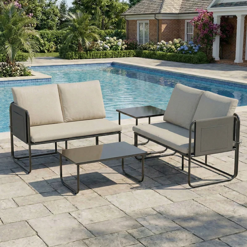 Outsunny Conjunto Jardín Exterior De 4 Piezas 2 Mesas De Vidrio 2 Sofás Cojines