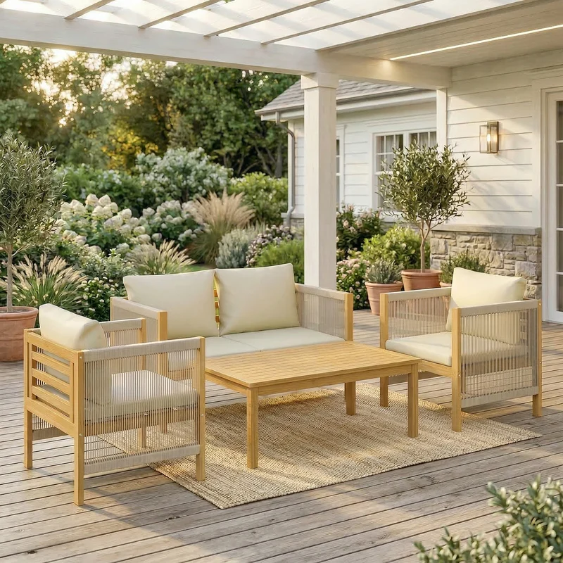 Outsunny Conjunto De Jardín Exterior De 4 Piezas Con Cojines Natural Y Beige