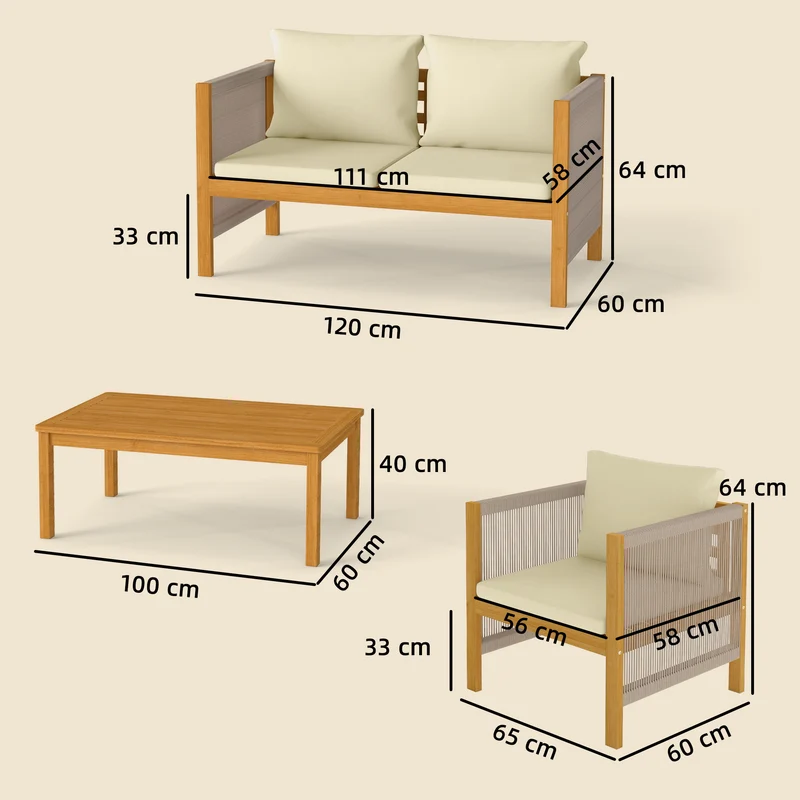 Outsunny Conjunto De Jardín Exterior De 4 Piezas Con Cojines Natural Y Beige