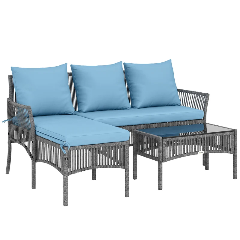 Outsunny Conjunto Muebles Jardín Exterior De Ratán 3 Piezas Cojines Azul Claro
