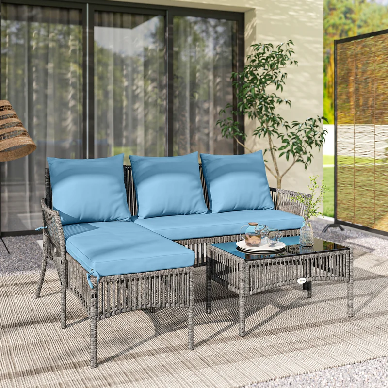 Outsunny Conjunto Muebles Jardín Exterior De Ratán 3 Piezas Cojines Azul Claro