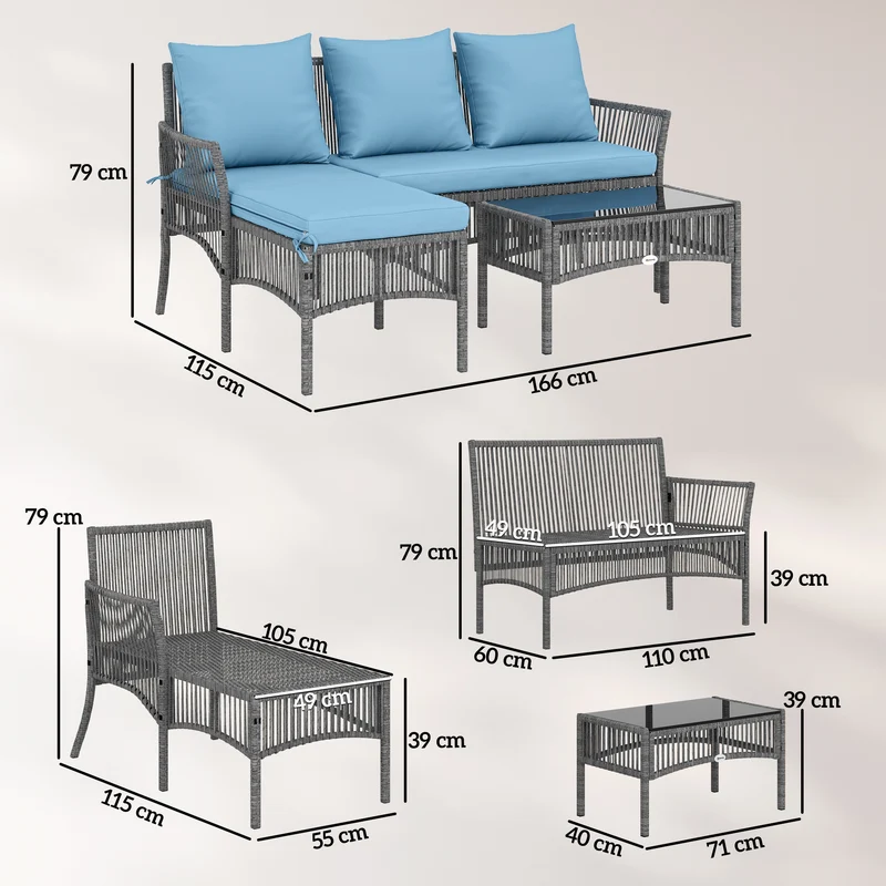 Outsunny Conjunto Muebles Jardín Exterior De Ratán 3 Piezas Cojines Azul Claro