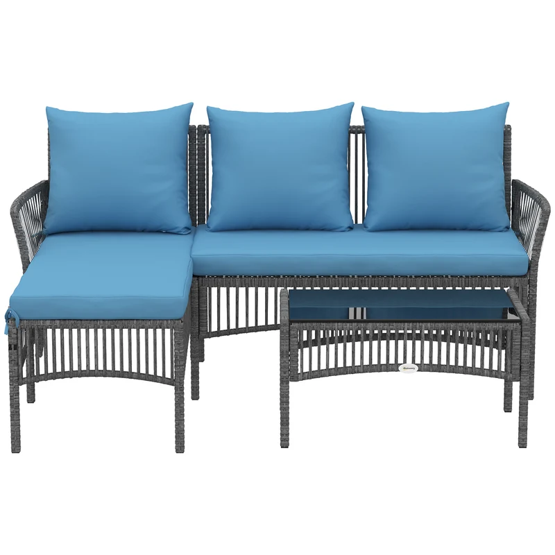 Outsunny Conjunto Muebles Jardín Exterior De Ratán 3 Piezas Cojines Azul Claro