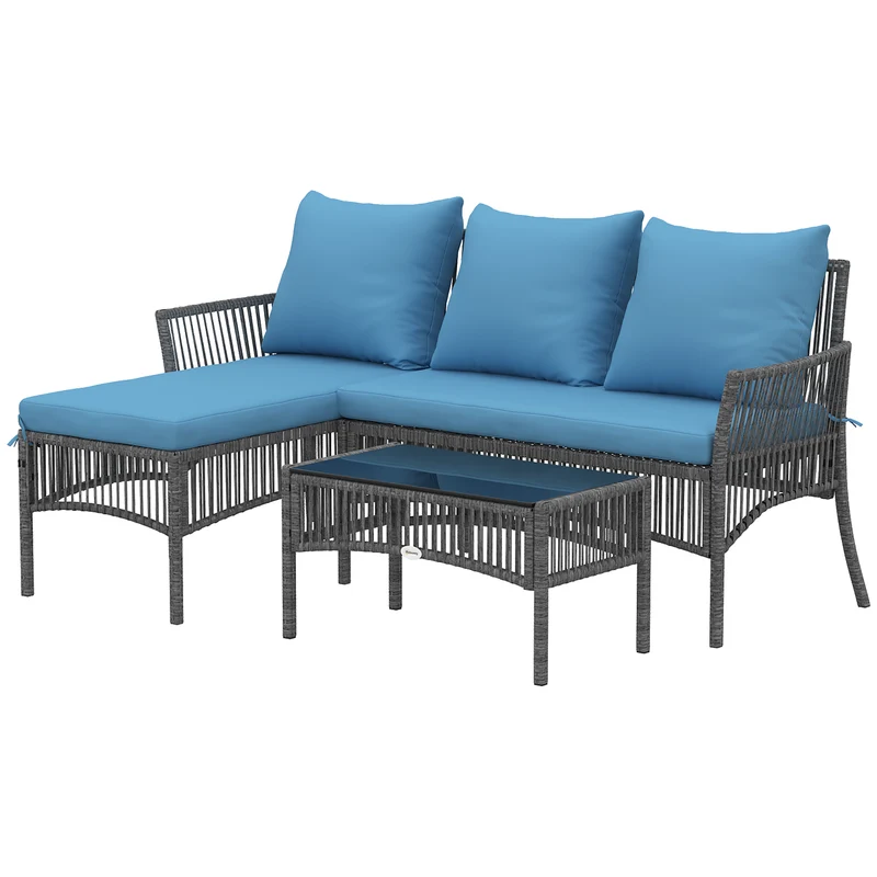 Outsunny Conjunto Muebles Jardín Exterior De Ratán 3 Piezas Cojines Azul Claro