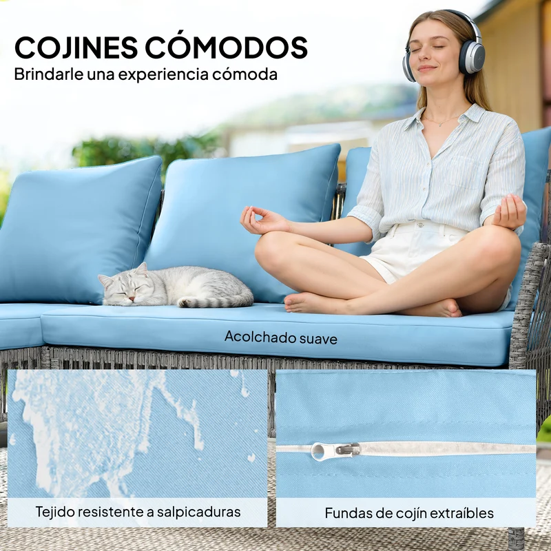 Outsunny Conjunto Muebles Jardín Exterior De Ratán 3 Piezas Cojines Azul Claro