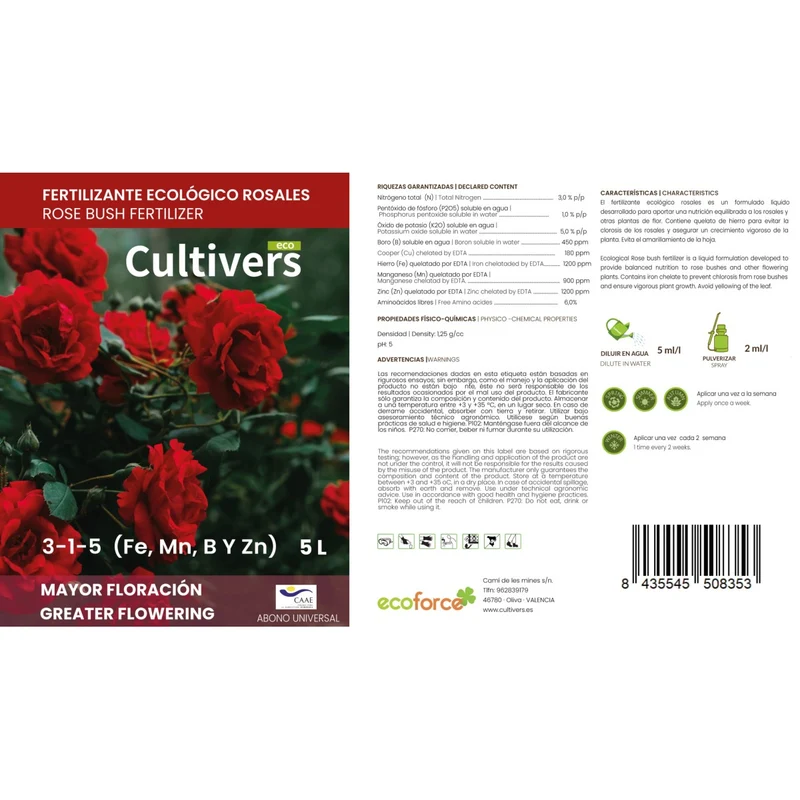 Abono Rosales Líquido Ecológico Cultivers 1 L