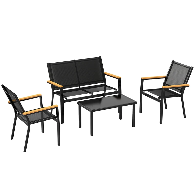 Outsunny Juego Jardín Exterior De 4 Piezas Tela Textilene Mesa De Cristal Negro