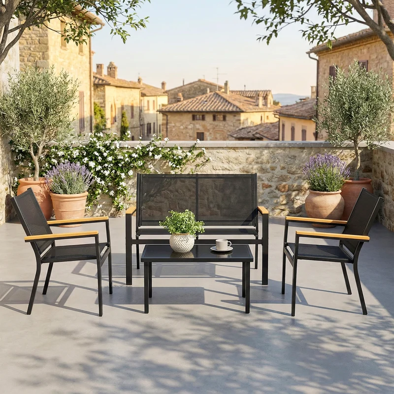 Outsunny Juego Jardín Exterior De 4 Piezas Tela Textilene Mesa De Cristal Negro