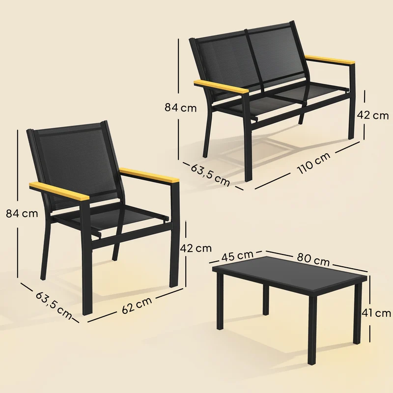 Outsunny Juego Jardín Exterior De 4 Piezas Tela Textilene Mesa De Cristal Negro