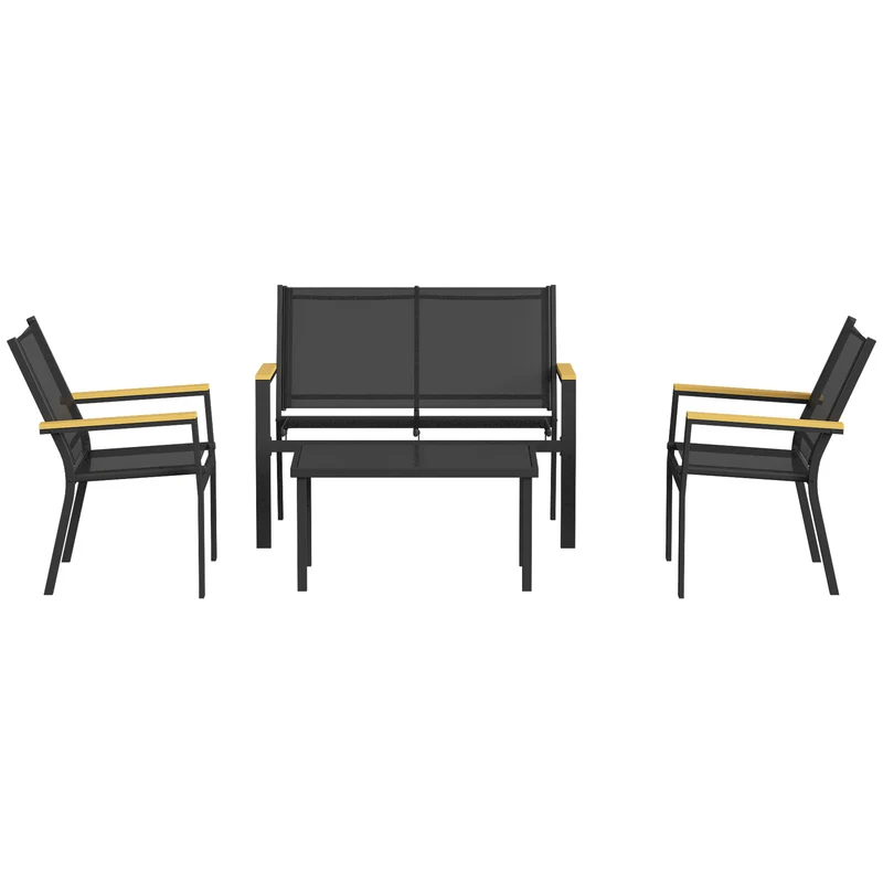 Outsunny Juego Jardín Exterior De 4 Piezas Tela Textilene Mesa De Cristal Negro