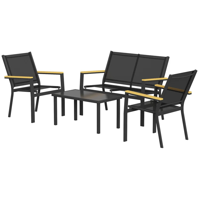 Outsunny Juego Jardín Exterior De 4 Piezas Tela Textilene Mesa De Cristal Negro