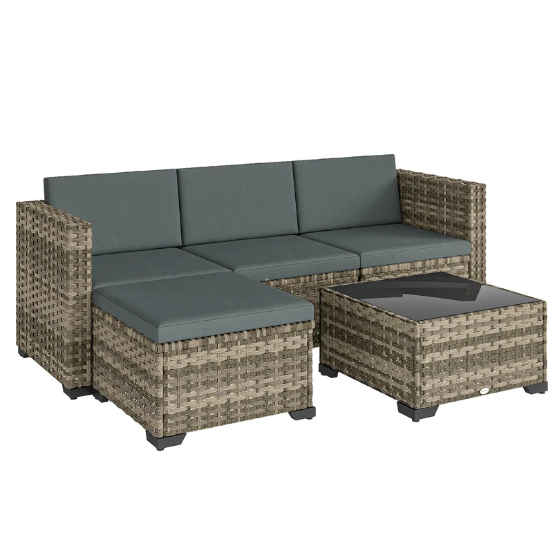 Outsunny Conjunto Muebles Jardín Exterior De Ratán 5 Piezas Cojines Gris Oscuro