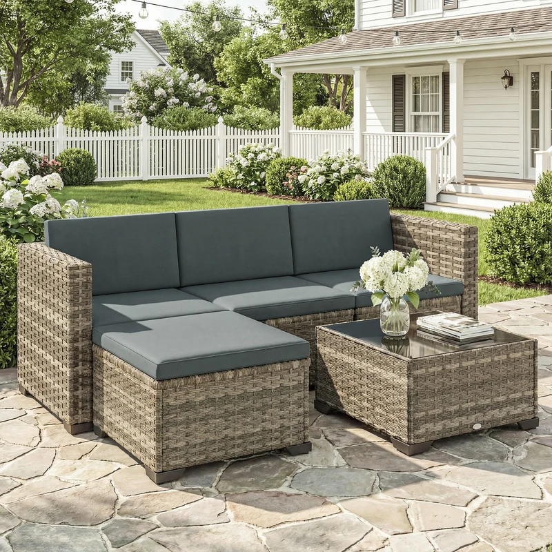 Outsunny Conjunto Muebles Jardín Exterior De Ratán 5 Piezas Cojines Gris Oscuro