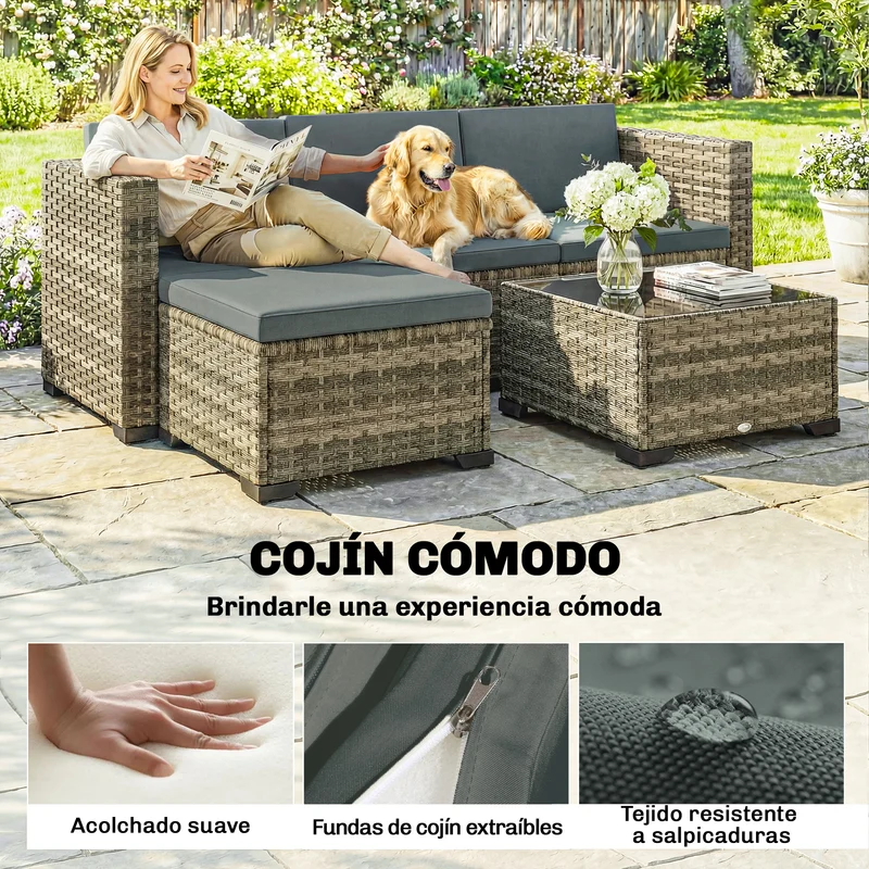 Outsunny Conjunto Muebles Jardín Exterior De Ratán 5 Piezas Cojines Gris Oscuro