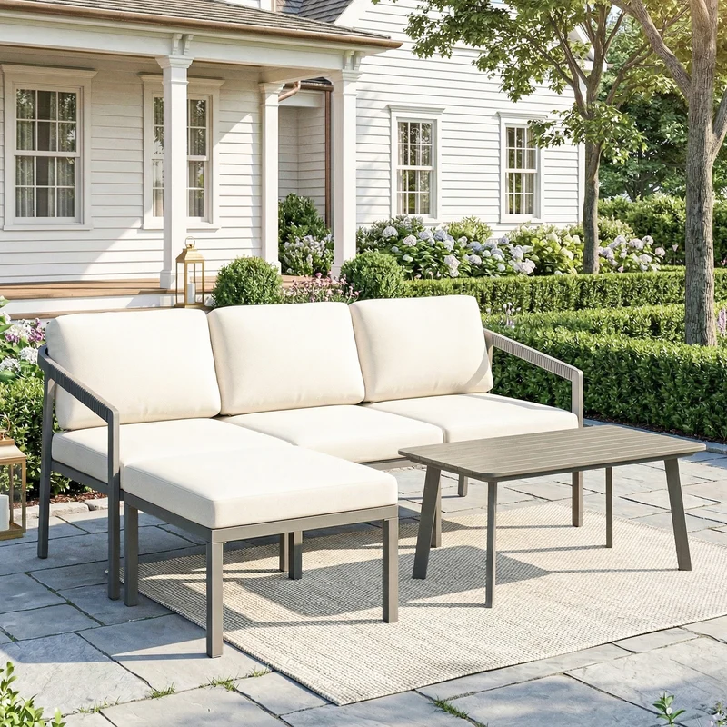 Outsunny Conjunto De Jardín Exterior De 3 Piezas En Forma De L Marrón Y Beige
