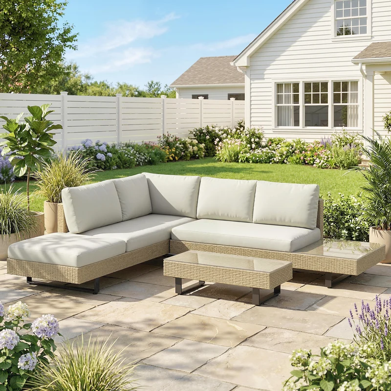 Outsunny Conjunto Muebles Jardín Exterior De Ratán De 3 Piezas Cojines Beige