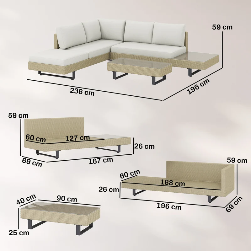 Outsunny Conjunto Muebles Jardín Exterior De Ratán De 3 Piezas Cojines Beige