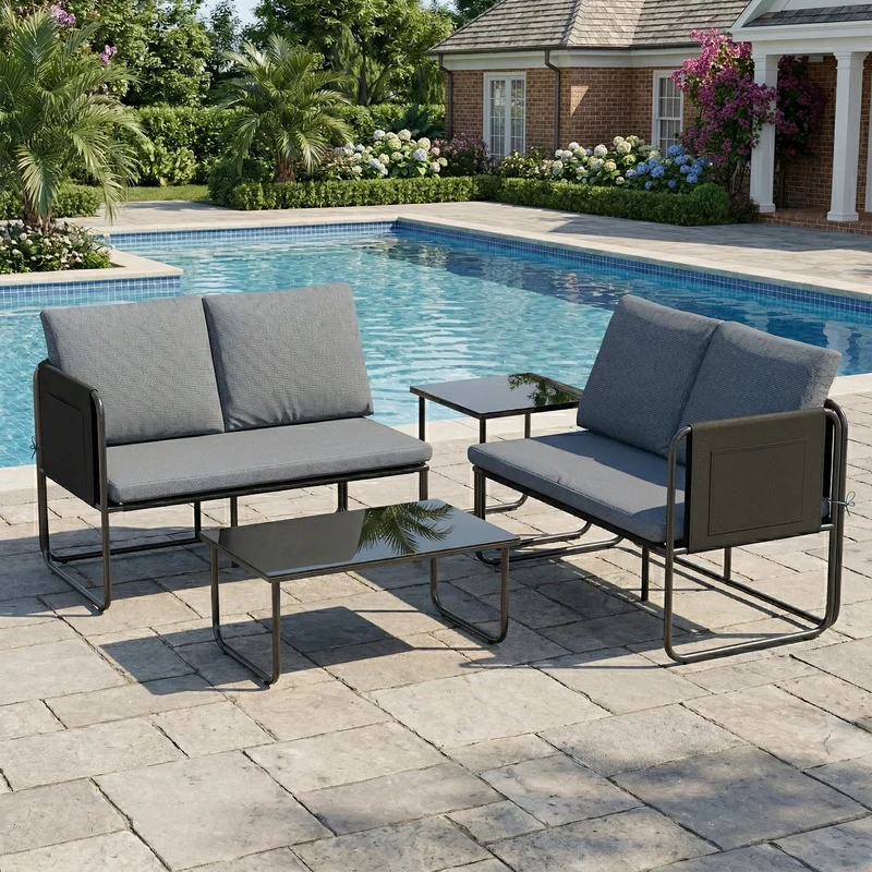 Outsunny Conjunto Jardín Exterior De 4 Piezas 2 Mesas De Vidrio 2 Sofás Cojines