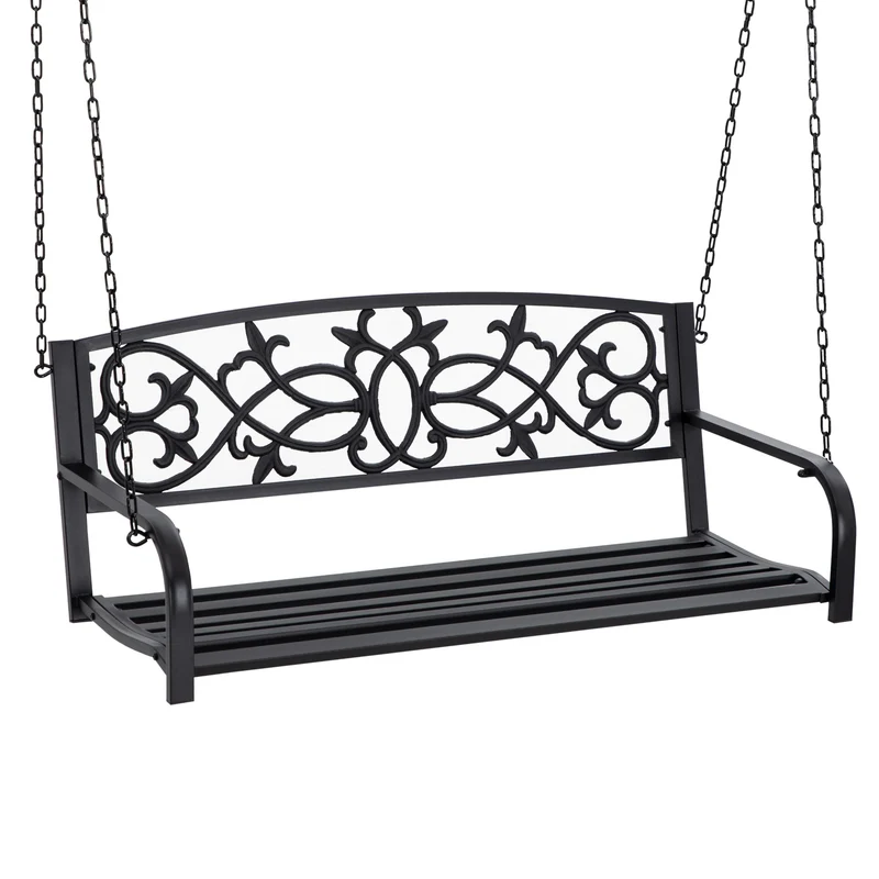 Outsunny Banco Columpio de 2 Plazas Banco Colgante de Acero con Reposabrazos Carga Máx. 240 kg para Jardín Terraza Balcón Exterior 127x59,5x52 cm Negro