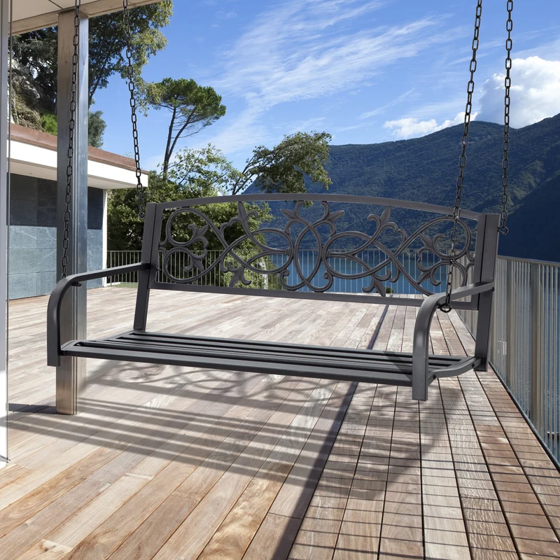 Outsunny Banco Columpio de 2 Plazas Banco Colgante de Acero con Reposabrazos Carga Máx. 240 kg para Jardín Terraza Balcón Exterior 127x59,5x52 cm Negro