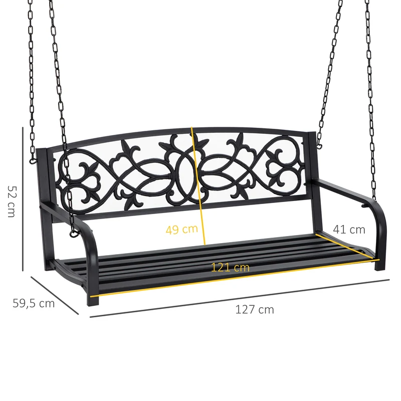 Outsunny Banco Columpio de 2 Plazas Banco Colgante de Acero con Reposabrazos Carga Máx. 240 kg para Jardín Terraza Balcón Exterior 127x59,5x52 cm Negro