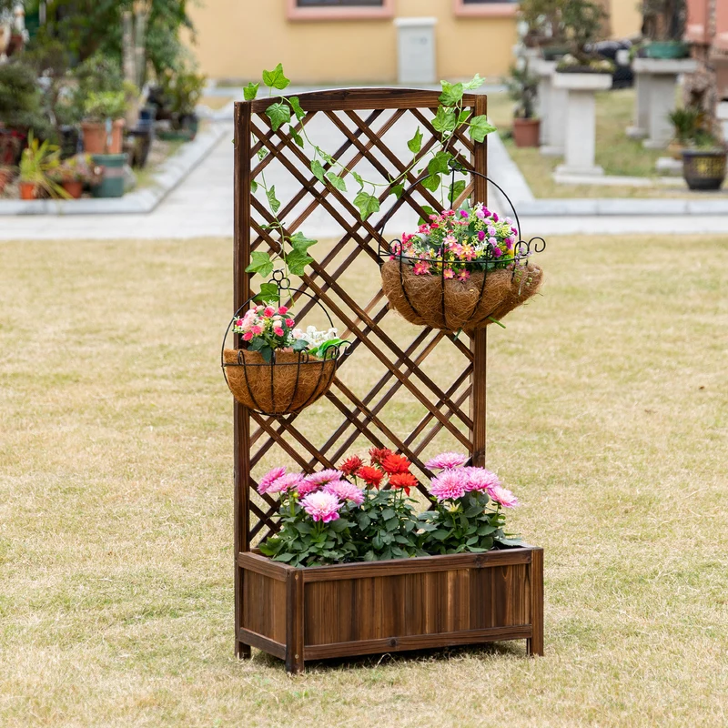Outsunny Jardinera con Enrejado Jardinera con Celosía de Madera Macetero con Soporte para Trepadora Cultivos Plantas en Exterior Terraza Jardín Balcón 60x30x122,5 cm Marrón