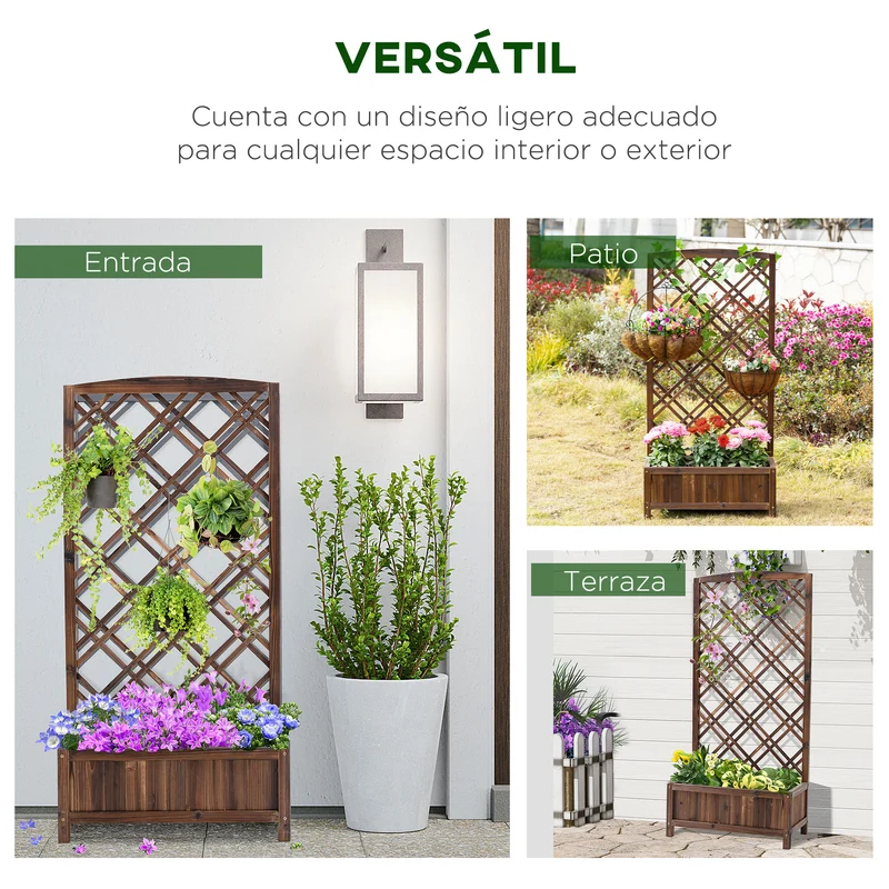 Outsunny Jardinera con Enrejado Jardinera con Celosía de Madera Macetero con Soporte para Trepadora Cultivos Plantas en Exterior Terraza Jardín Balcón 60x30x122,5 cm Marrón