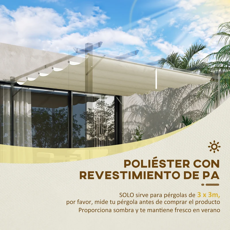 Outsunny Techo de Pérgola 2,5x2,55 m Techo de Repuesto Retráctil para Sombrilla Toldo de Tela para Cenador Jardín con 10 Orificios de Drenaje Crema