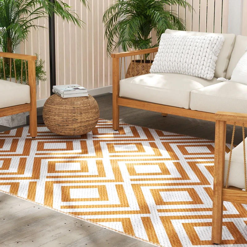 Outsunny Alfombra de Exterior 182x274 cm Alfombra Reversible con Patrón Geométrico de Rombos Impermeable para Terraza Balcón Patio Camping Playa Marrón y Blanco