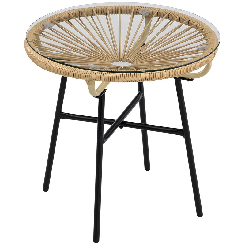 Outsunny Mesa de Jardín de Ratán Sintético Mesa de Centro Redonda para Exteriores con Tablero de Vidrio Templado y Patas de Metal para Patio Balcón Ø50x50 cm Beige