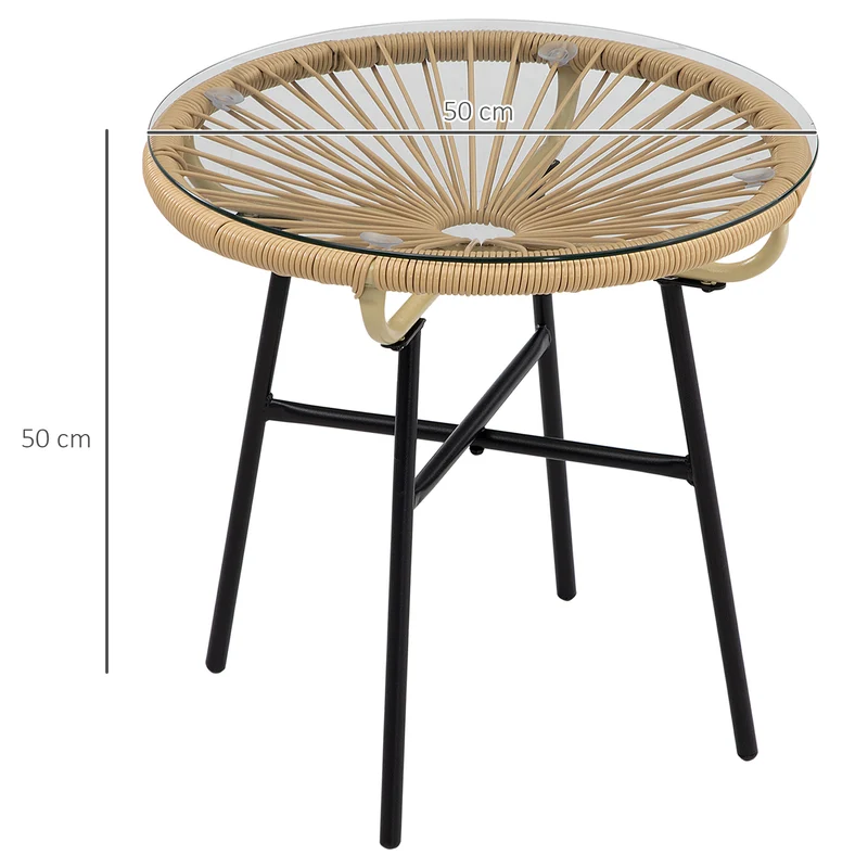 Outsunny Mesa de Jardín de Ratán Sintético Mesa de Centro Redonda para Exteriores con Tablero de Vidrio Templado y Patas de Metal para Patio Balcón Ø50x50 cm Beige