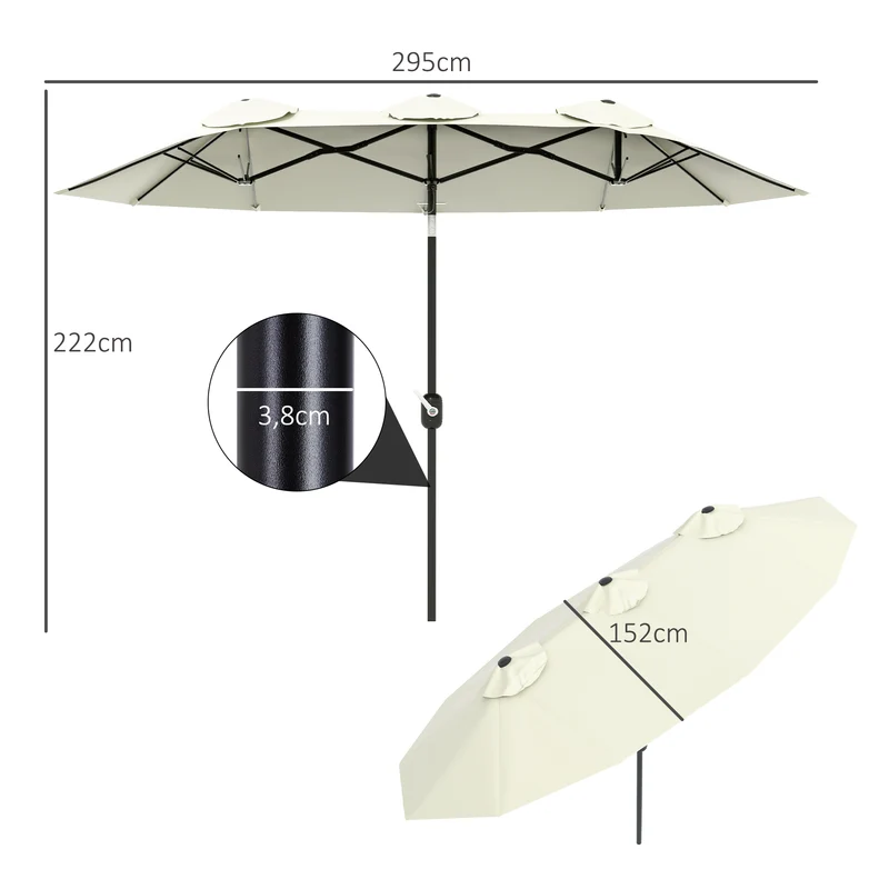 Outsunny Sombrilla Doble 2,95x1,52 m Sombrilla Terraza Exterior con Inclinación de 45° Manivela Manual y 3 Orificios de Ventilación Sombrilla Grande para Terraza Playa Piscina Beige