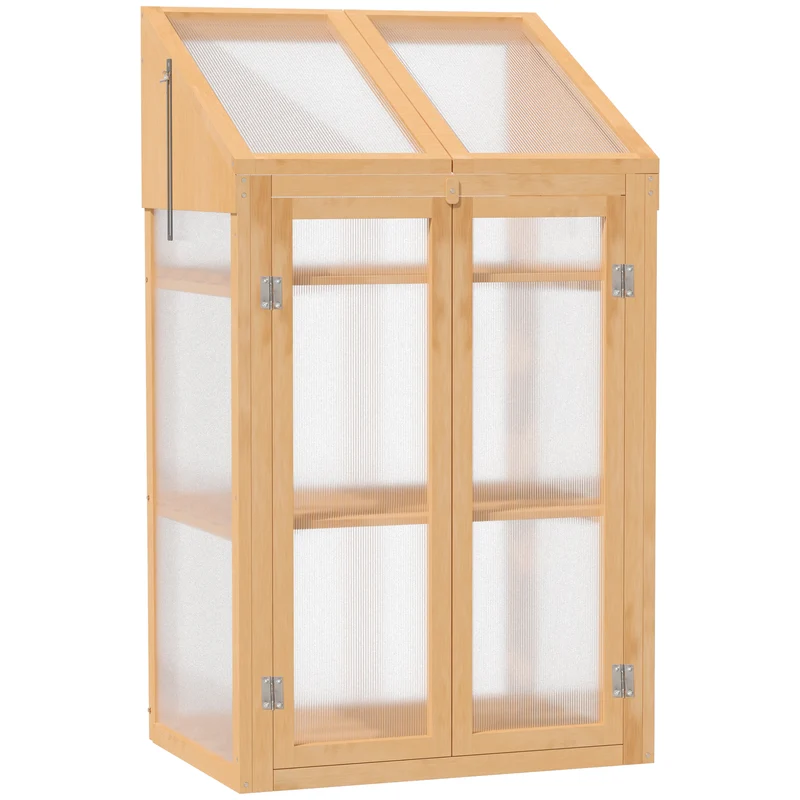 Outsunny Invernadero de Madera con Paneles de Policarbonato Invernadero de Jardín Vivero Casero con Tapa Abatible 2 Puertas y 3 Estantes para Cultivo Plantas Flores Terraza Patio 70x50x120 cm Natural