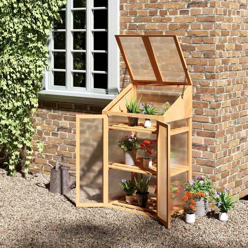 Outsunny Invernadero de Madera con Paneles de Policarbonato Invernadero de Jardín Vivero Casero con Tapa Abatible 2 Puertas y 3 Estantes para Cultivo Plantas Flores Terraza Patio 70x50x120 cm Natural