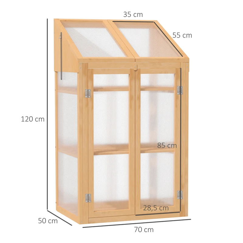 Outsunny Invernadero de Madera con Paneles de Policarbonato Invernadero de Jardín Vivero Casero con Tapa Abatible 2 Puertas y 3 Estantes para Cultivo Plantas Flores Terraza Patio 70x50x120 cm Natural