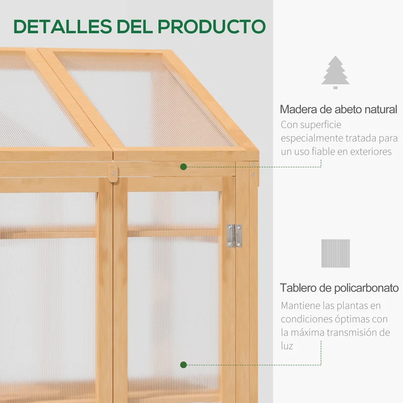 Outsunny Invernadero de Madera con Paneles de Policarbonato Invernadero de Jardín Vivero Casero con Tapa Abatible 2 Puertas y 3 Estantes para Cultivo Plantas Flores Terraza Patio 70x50x120 cm Natural