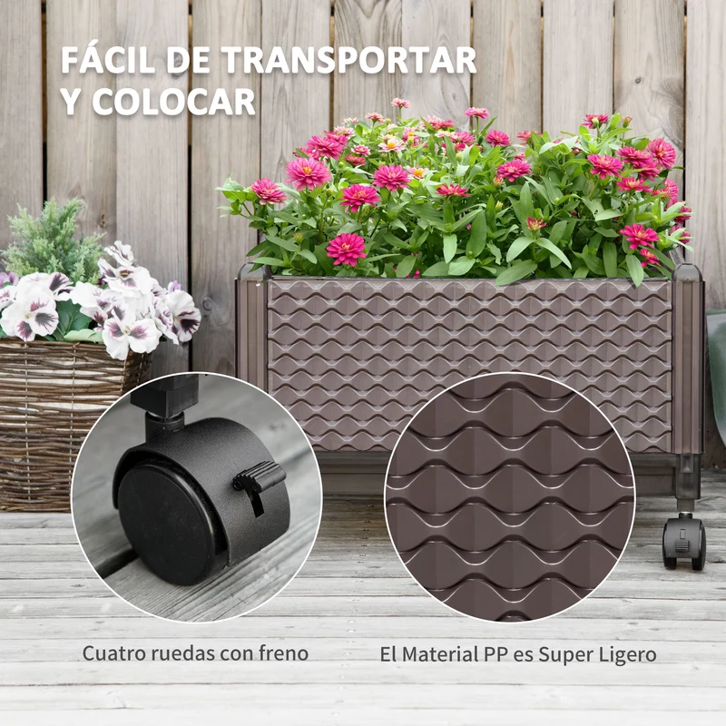 Outsunny Jardinera de Plástico con Ruedas Macetero de Jardín con Agujeros de Drenaje para Cultivo de Plantas en Exterior Patio Terraza 50x50x33 cm Marrón