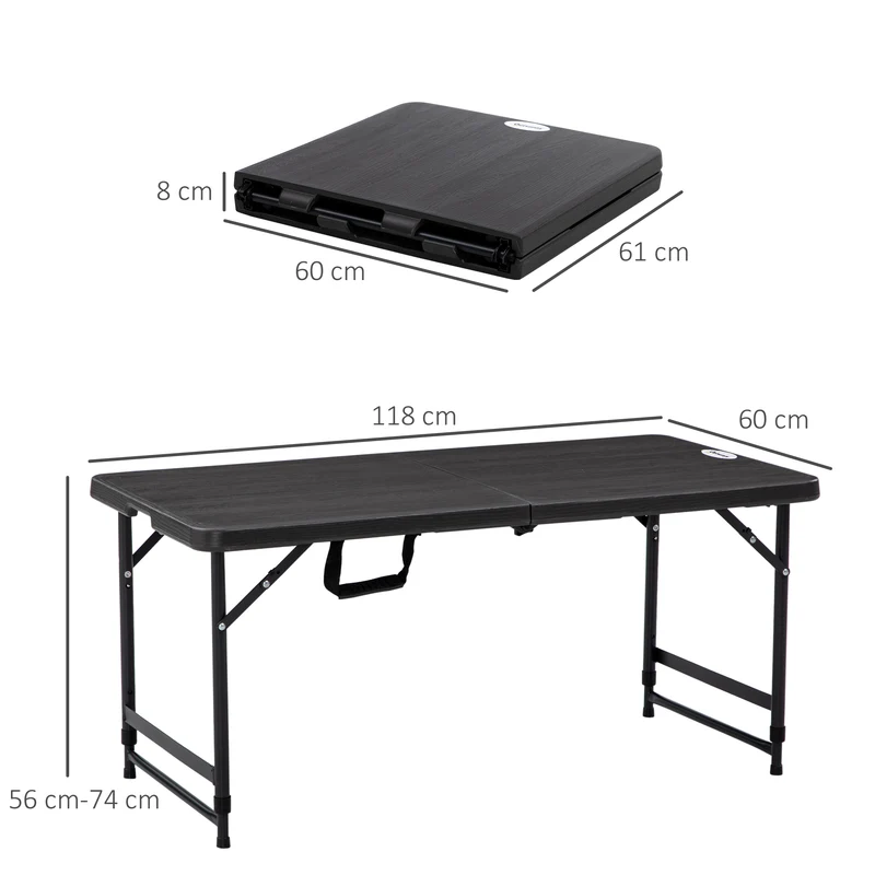 Outsunny Mesa de Jardín Rectangular Plegable Mesa de Comedor Exterior para 4 Personas con Altura Ajustable y Marco de Acero para Patio Terraza Balcón 118x60x56-74 cm Gris Oscuro