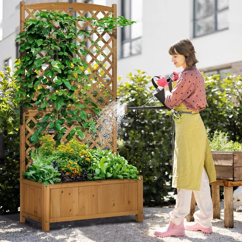 Outsunny Arriate de Jardín con Enrejado Jardinera con Celosía Macetero con Soporte para Trepadora Cultivos Plantas Flores para Exterior Patio Terraza Balcón 90x45x180 cm Natural