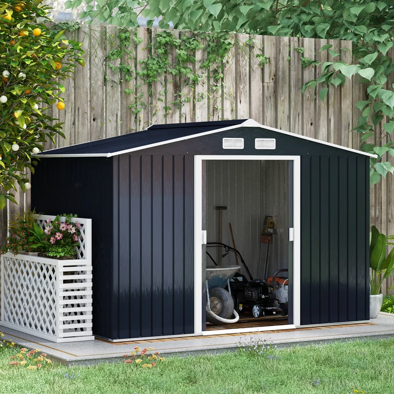 Outsunny Caseta de Jardín Exterior 4,9 m² 277x195x192 cm Cobertizo de Jardín Exterior con Puerta Corredera Techo Inclinado Base Refuerzo (Suelo NO Incluido) y 4 Ventanas Gris Oscuro
