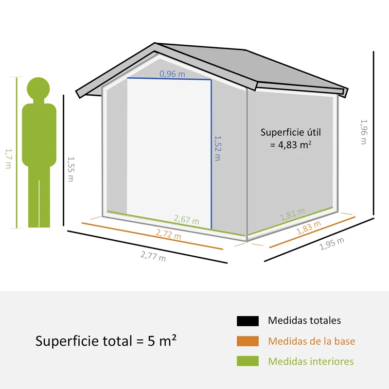 Outsunny Caseta de Jardín Exterior 4,9 m² 277x195x192 cm Cobertizo de Jardín Exterior con Puerta Corredera Techo Inclinado Base Refuerzo (Suelo NO Incluido) y 4 Ventanas Gris Oscuro