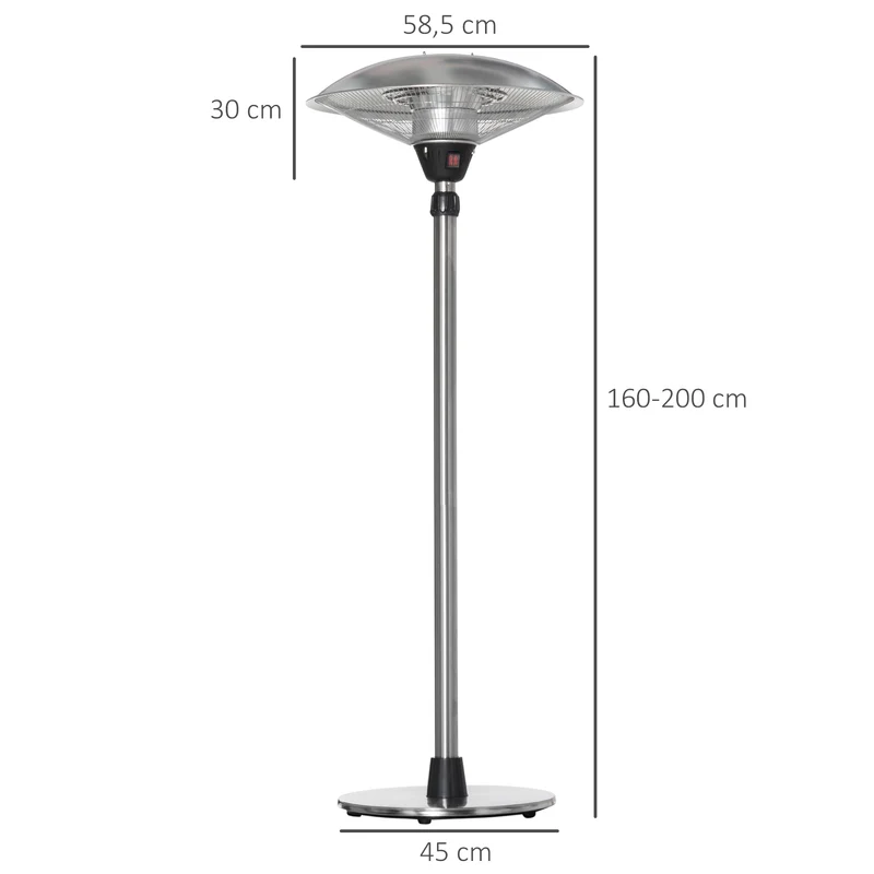 Outsunny Calefactor de Pie de Exterior 1200/1800/3000W Estufa de Infrarrojos con 3 Niveles de Calor Altura Ajustable Protección IP44 para Terraza Patio Aluminio Acero Inoxidable Ø58,5x160-200 cm Plata