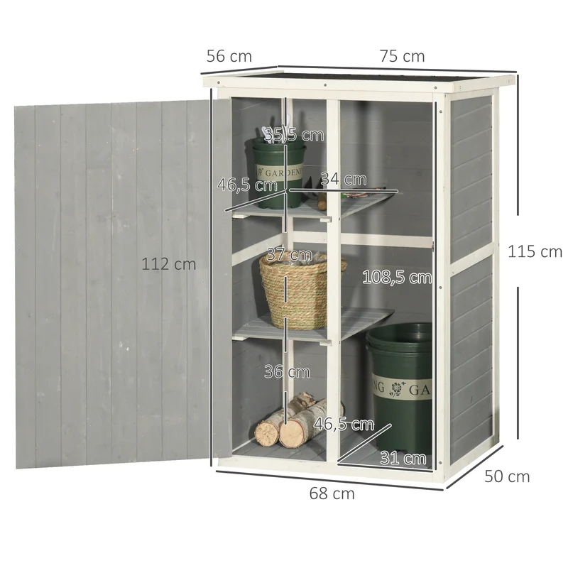 Outsunny Caseta de Jardín de Madera 75x56x115 cm Armario Cobertizo de Exterior para Herramientas con 3 Estantes Interiores Puerta con Pestillo y Techo Asfáltico Gris