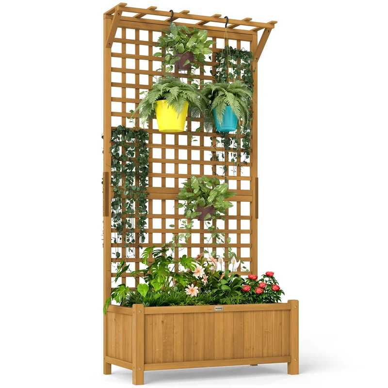 Outsunny Jardinera con Enrejado de Madera Macetero de Jardín con Soporte para Trepadora Cultivo de Plantas Flores Jardinera con Celosía para Exterior Patio Terraza 90x45x183 cm Natural