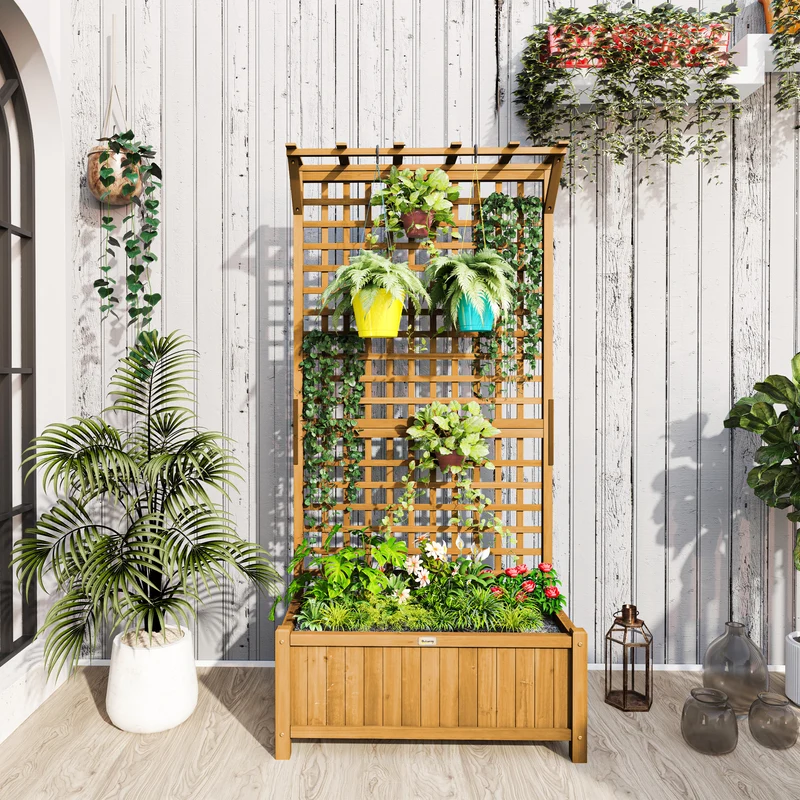 Outsunny Jardinera con Enrejado de Madera Macetero de Jardín con Soporte para Trepadora Cultivo de Plantas Flores Jardinera con Celosía para Exterior Patio Terraza 90x45x183 cm Natural