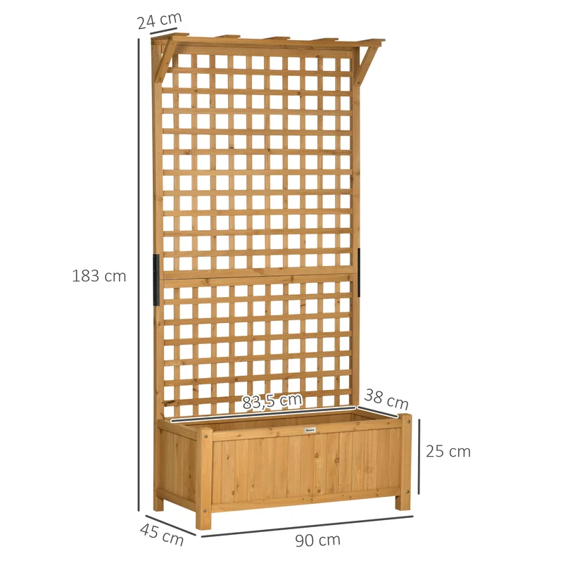 Outsunny Jardinera con Enrejado de Madera Macetero de Jardín con Soporte para Trepadora Cultivo de Plantas Flores Jardinera con Celosía para Exterior Patio Terraza 90x45x183 cm Natural