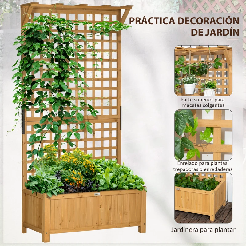 Outsunny Jardinera con Enrejado de Madera Macetero de Jardín con Soporte para Trepadora Cultivo de Plantas Flores Jardinera con Celosía para Exterior Patio Terraza 90x45x183 cm Natural