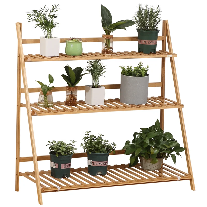 Outsunny Estantería para Plantas de 3 Niveles de Bambú Soporte para Flores Plegable Estantería para Macetas para Interiores y Exteriores 98x37x96,5 cm Natural